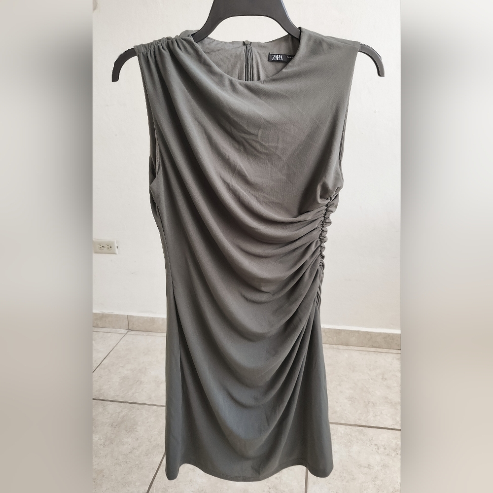 ZARA Green Mini Dress Size Medium: M (Tight, Fitted, Side Gathered, Short,Olive)